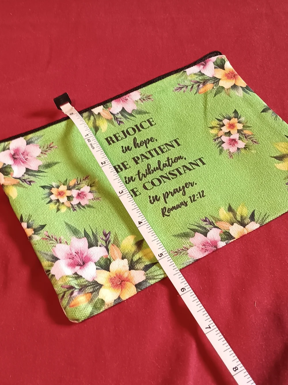 Floral Scripture Cosmetic Pouch - Green with Pink & Yellow Flowers